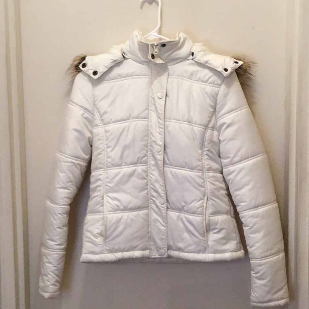 DELIA*S  CREAM COLOR PUFF JACKET COAT WITH FAUX FUR HOOD SZ M - Picture 2 of 11